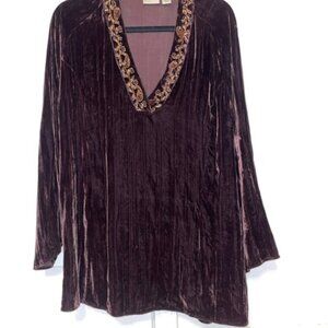 NEW CHICO’S Brown Velvet Beaded Neck Tunic V-neck size 1/Medium  3/4 Sleeve